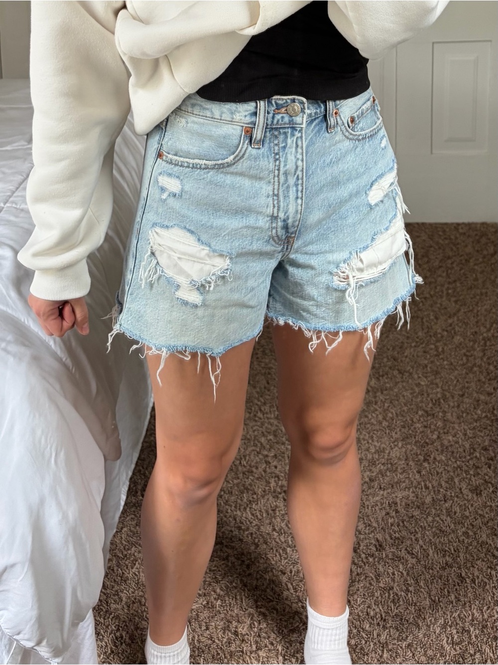High-Waist DAZE Light Blue Distressed Denim Shorts